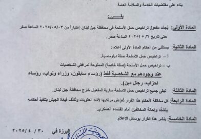 تجميد مفعول حمل الاسلحة في محافظة جبل لبنان